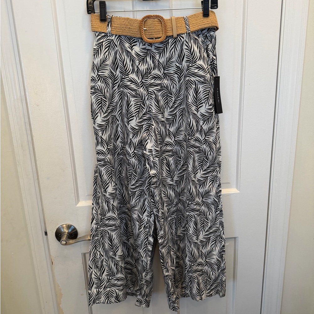 TAHARI 100% LINEN Black &White Leaf Print w/Pockets, NWT